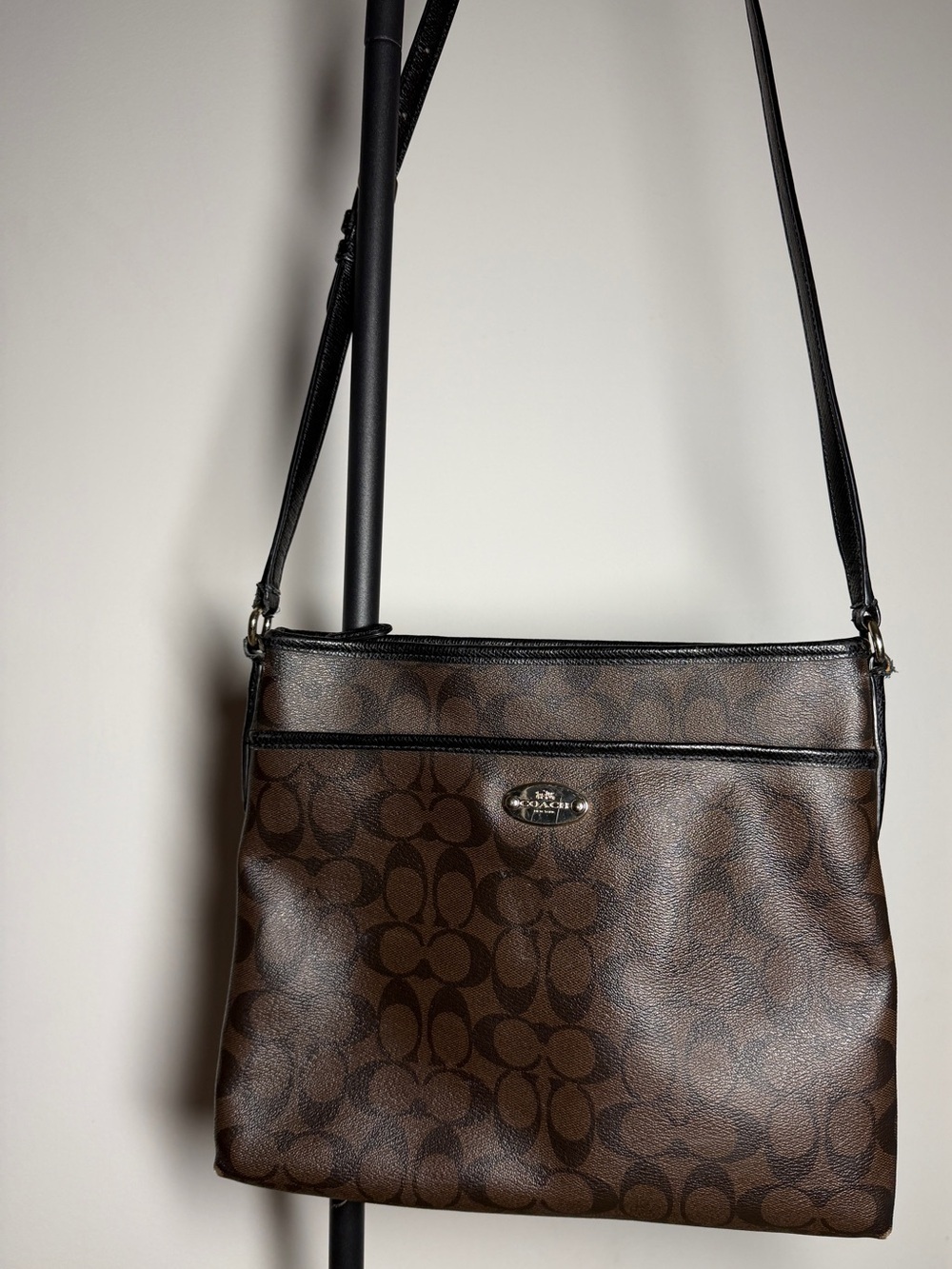 Coach Signature File Zip Crossbody Bag Brown Black Monogram Canvas Purse